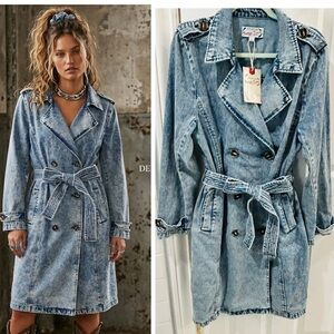 Stoosh Vintage Denim Double Breasted Jean Trench Coat Western Acid Wash L NWT